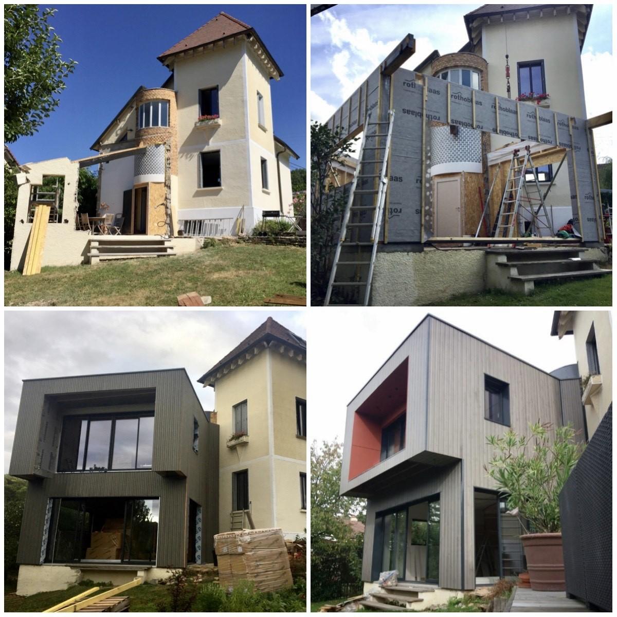 Phases de construction d'une extension de maison moderne en ossature bois avec bardage et grandes baies vitrées, montrant l'évolution du projet de la construction à la finition.