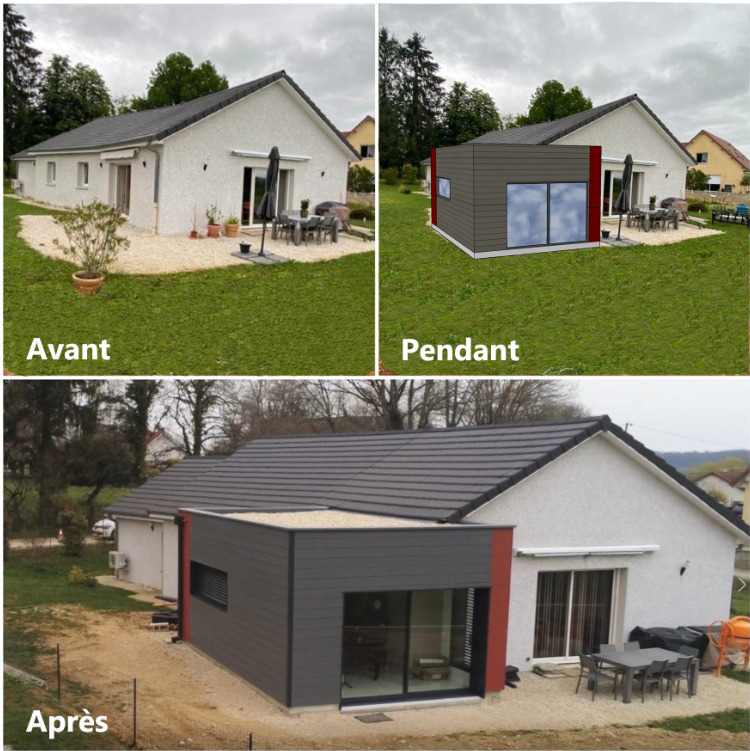 Transformation de maison Avant-Pendant-Après : agrandissement moderne en ossature bois avec bardage Cedral gris et accent rouge Eternit, fenêtres anthracite et toit plat.