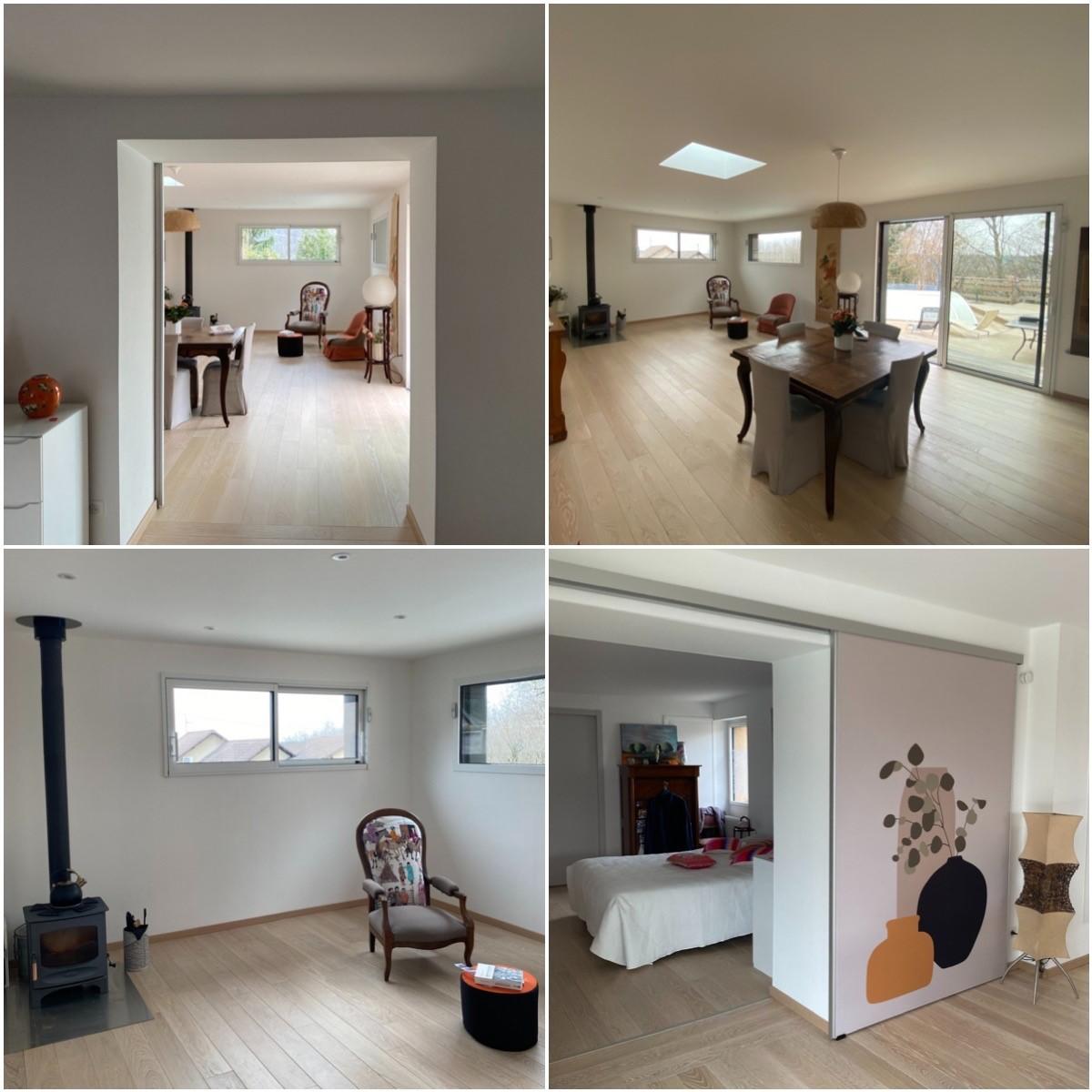Aménagement intérieur moderne d'une extension en ossature bois, avec un salon, salle à manger, poêle à bois, puits de lumière, et une chambre attenante.
