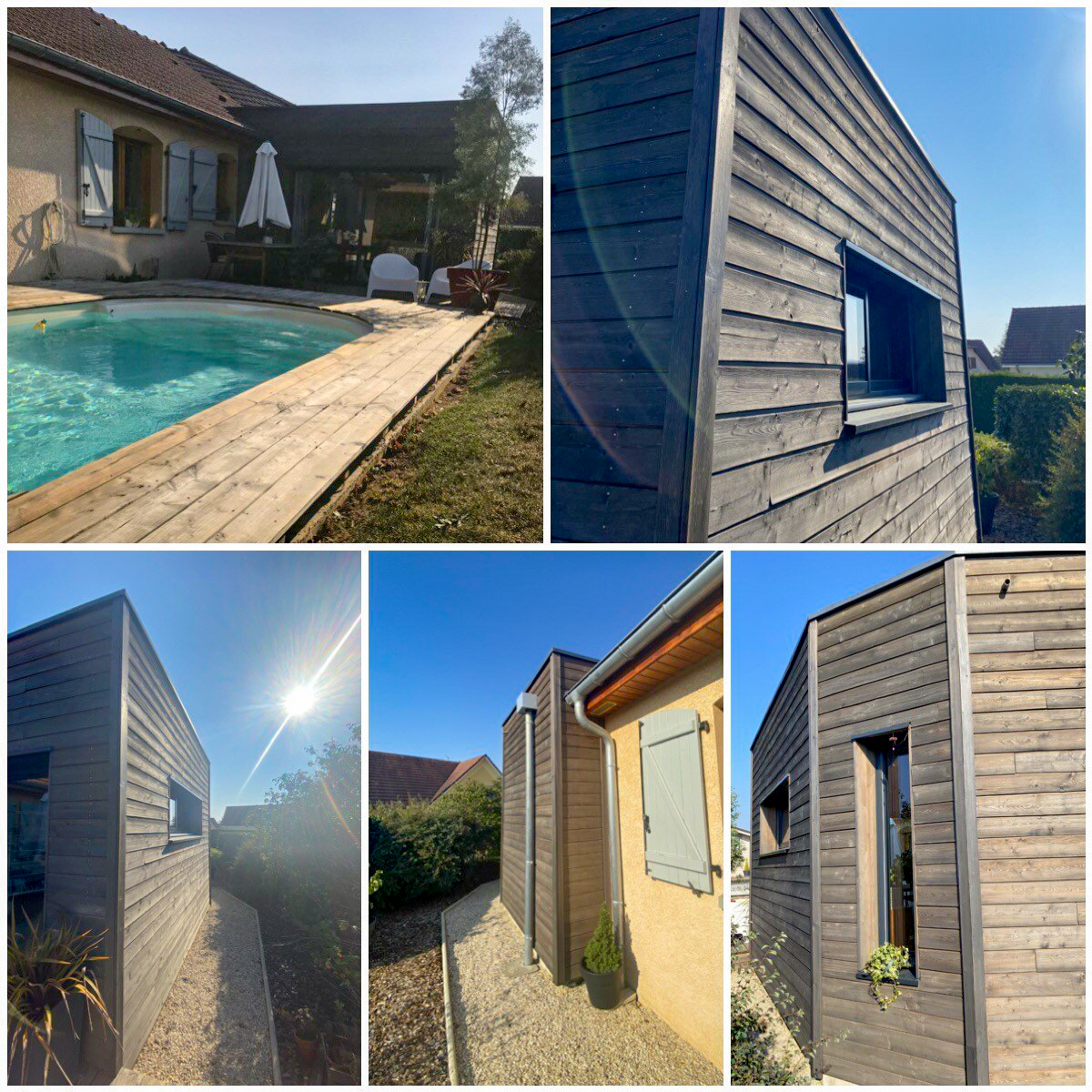 Extension de maison moderne en ossature bois avec bardage Mélèze foncé, intégrée près d'une piscine et d'une terrasse en bois, avec fenêtres anthracite.