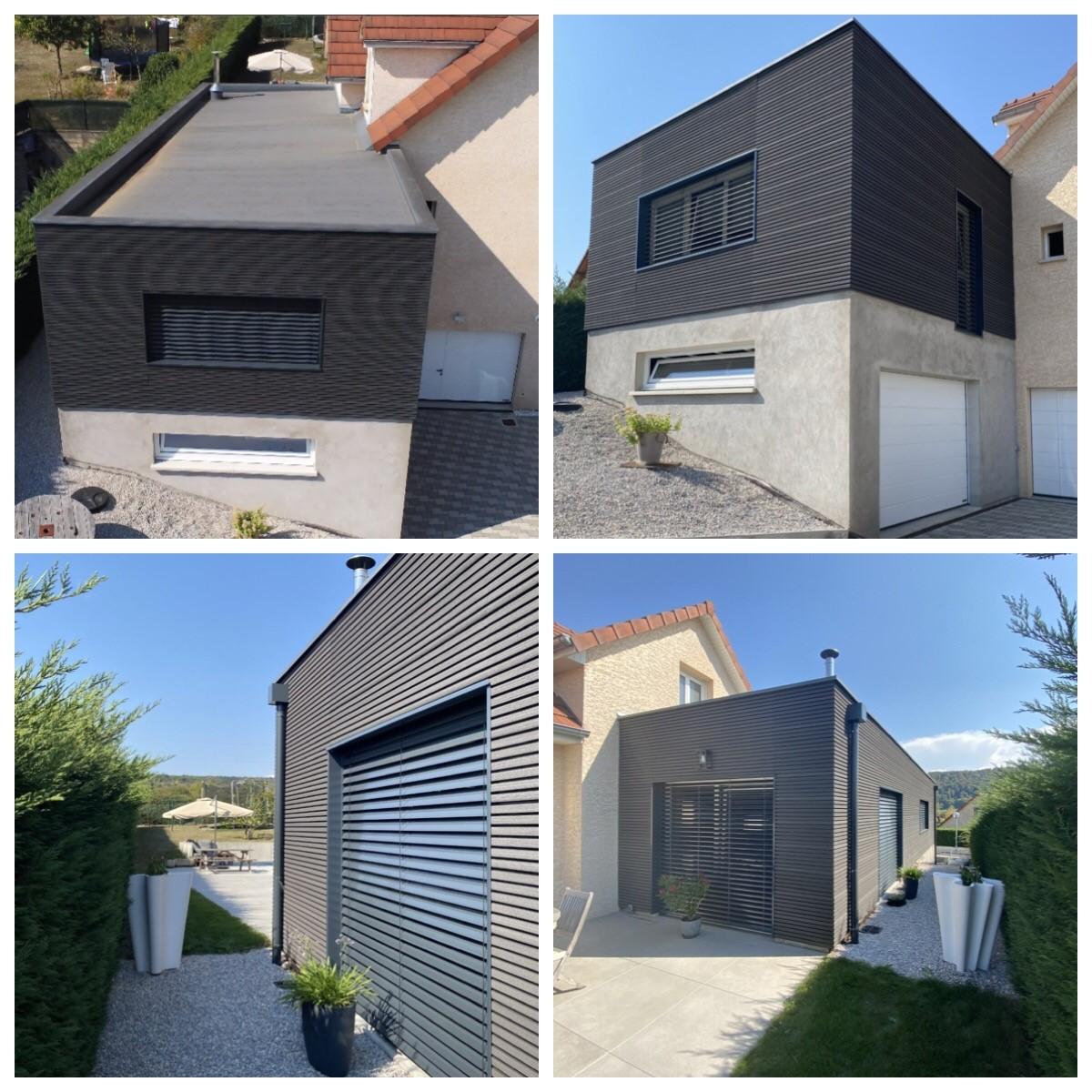 Extension moderne en ossature bois avec bardage foncé sur un garage, montrant la finition extérieure, le toit plat et les brise-soleil intégrés.