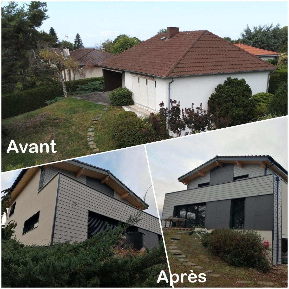 Photo avant et après d'une maison transformée par une surélévation en ossature bois avec bardages Equitone et Cedral gris, créant un design moderne.