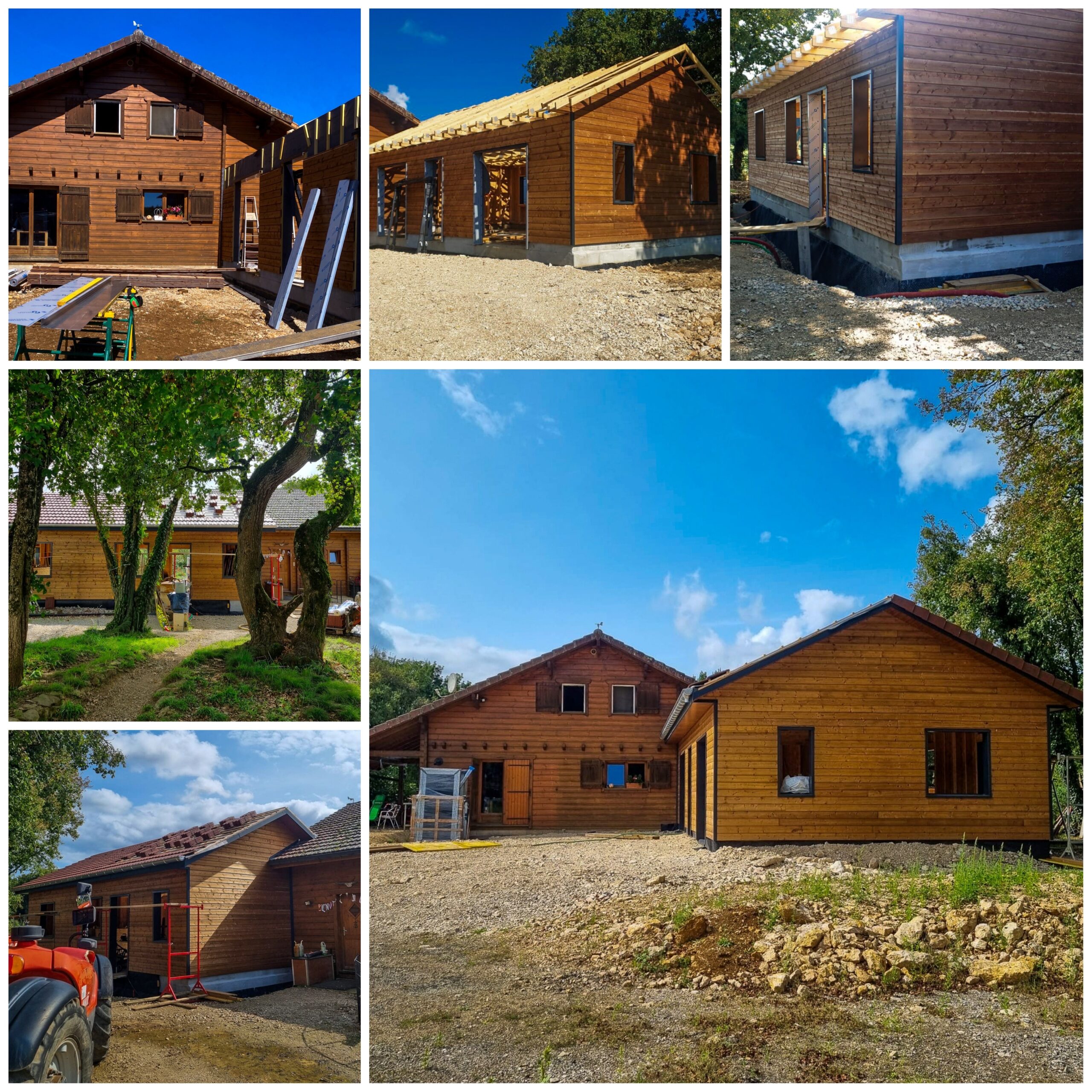 Extension en ossature bois terminée à Lavernay avec bardage en pin autoclave marron et menuiseries PVC gris anthracite