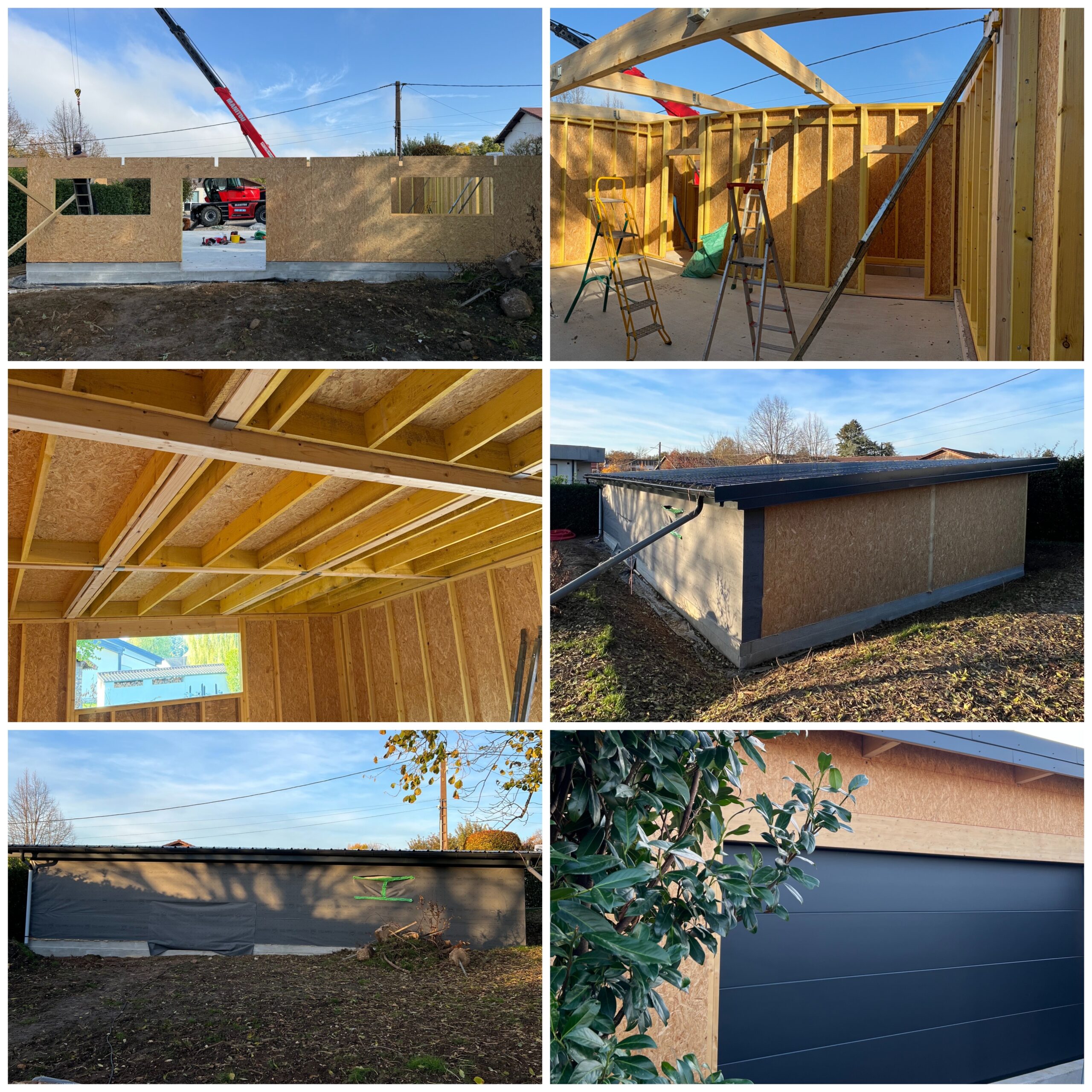 Chantier de construction d'un bâtiment indépendant grand volume en ossature bois de 130m2, montrant le levage des murs en caissons OSB, la charpente, la toiture bac acier et les menuiseries gris anthracite.