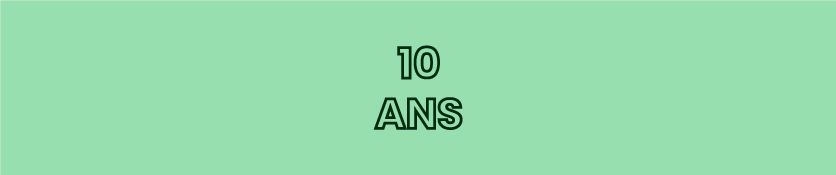 Icône du chiffre 10 suivi du mot ANS (10 ANS) en ligne verte foncée sur fond vert clair.
