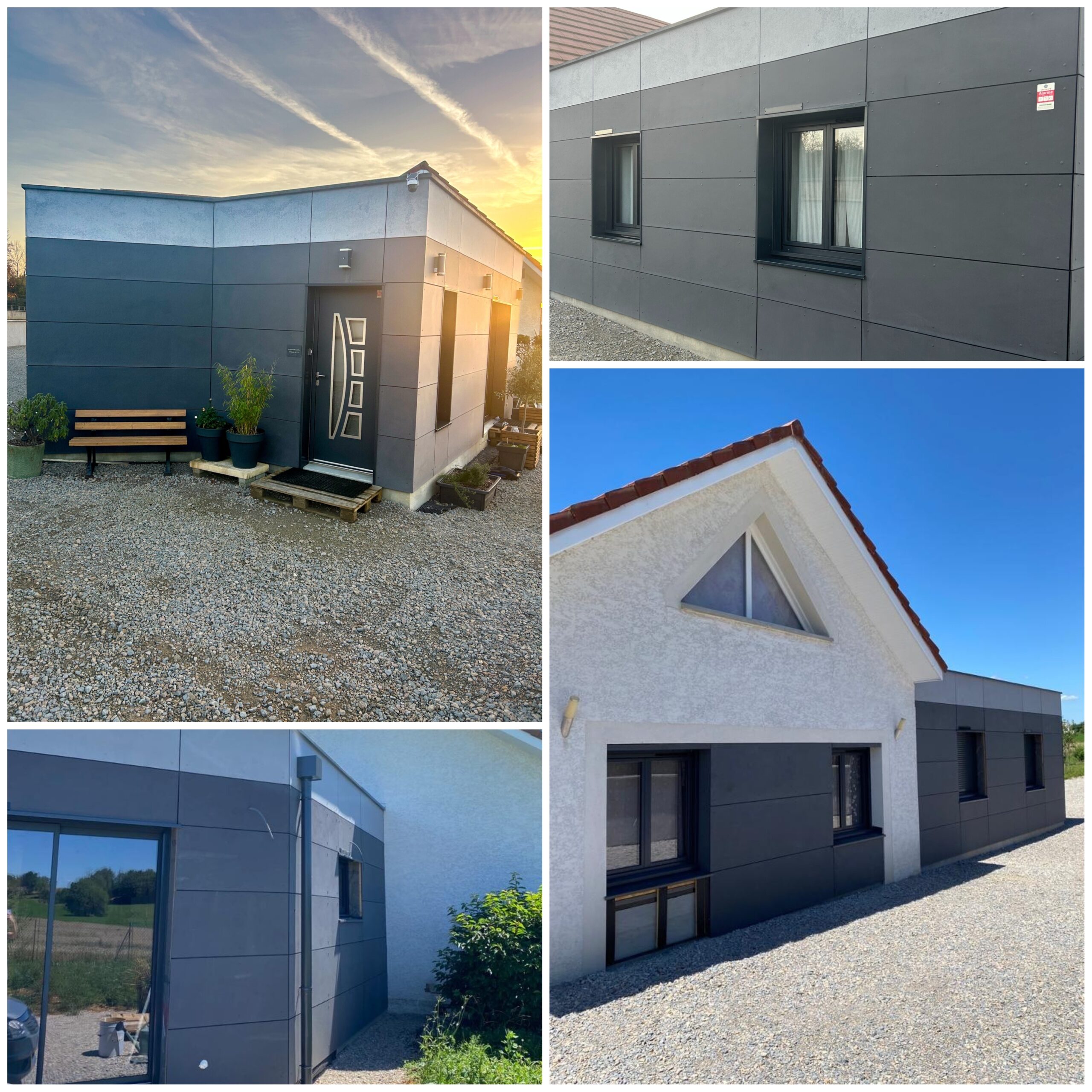 Extension maison moderne ossature bois bardage gris fibrociment Eternit et transformation garage toit plat