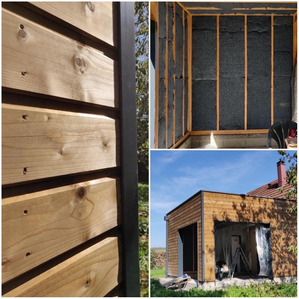 Extension ossature bois moderne bardage pin autoclave marron et isolation écologique coton métisse en Haute-Saône