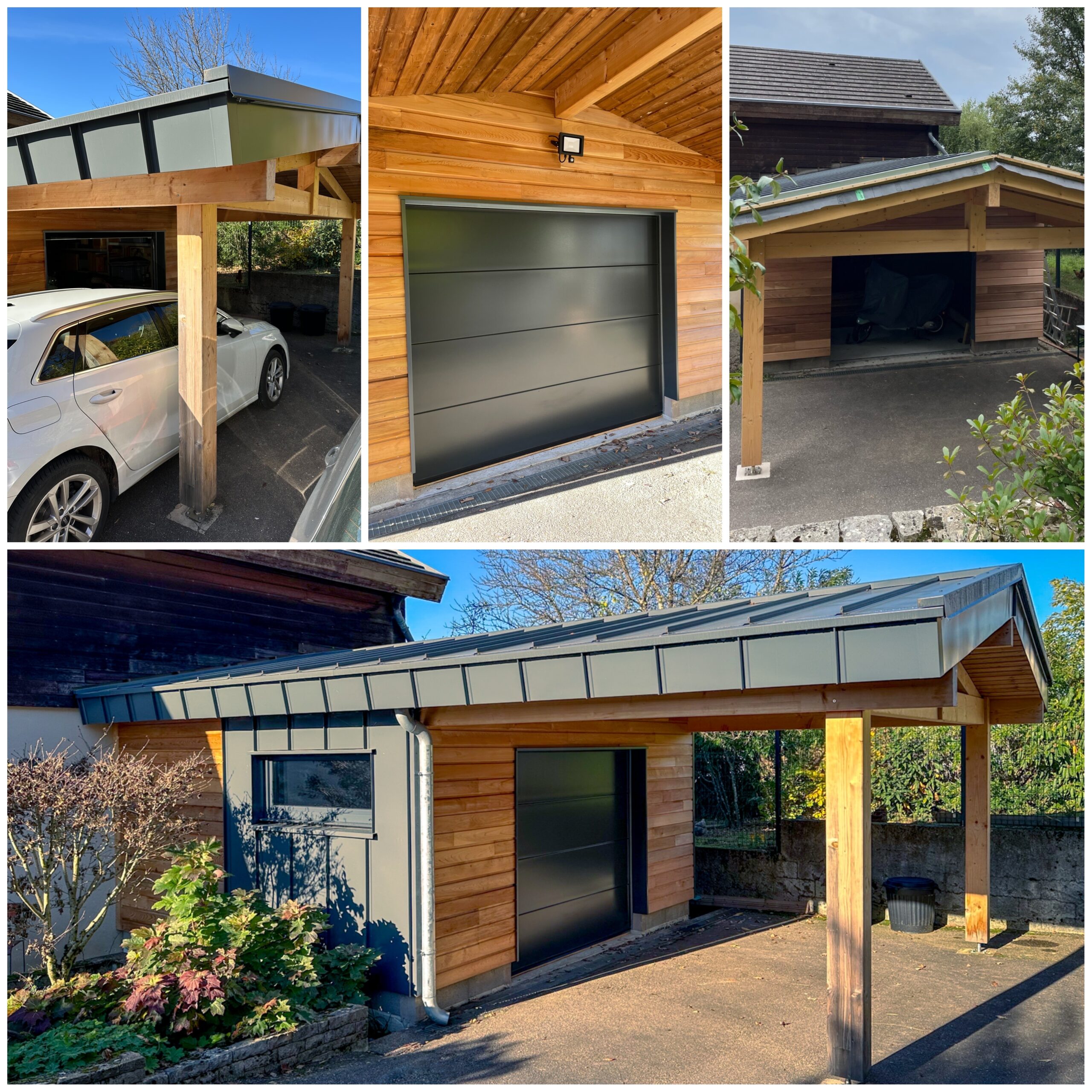 Garage et carport ossature bois moderne en auto-construction avec bardage mixte Red Cedar et panneaux gris