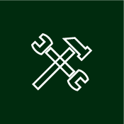 Icône de deux outils croisés (une clé à molette et un marteau) en ligne blanche sur fond vert foncé.